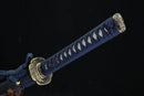 Sword with blue scabbard and gold decorative elements on a black background