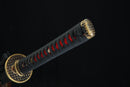 Sword with black sheath featuring red patterns on a dark background