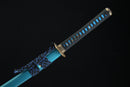 Sword with blue blade and black sheath on a black background