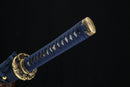A close-up view of a blue and gold sword blade with intricate designs, against a dark background.