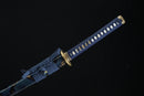 A blue and gold sword with a decorative handle is shown against a black background.