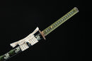 A close-up view of Moonswords Kyochiku Katana with bronze guard, green handle and black shealth.