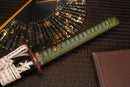 A close-up view of Moonswords Kyochiku Katana with black shealth.