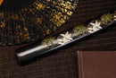 A close-up view of Moonswords Kyochiku Katana with black shealth.