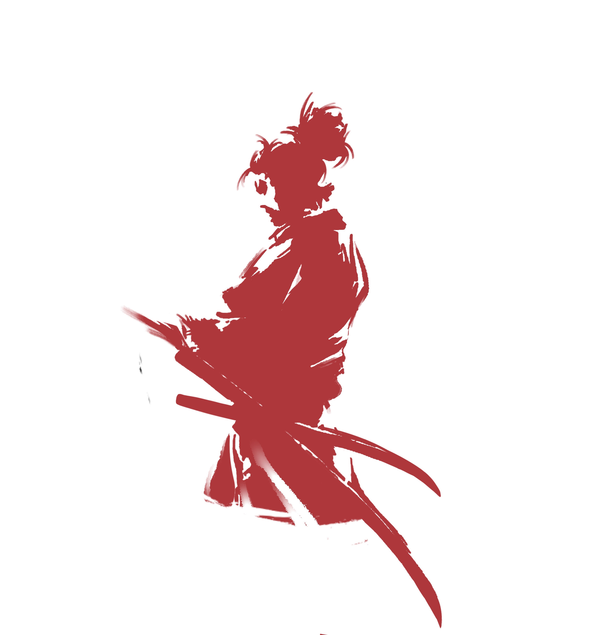 Red silhouette of a person with a sword on a white background
