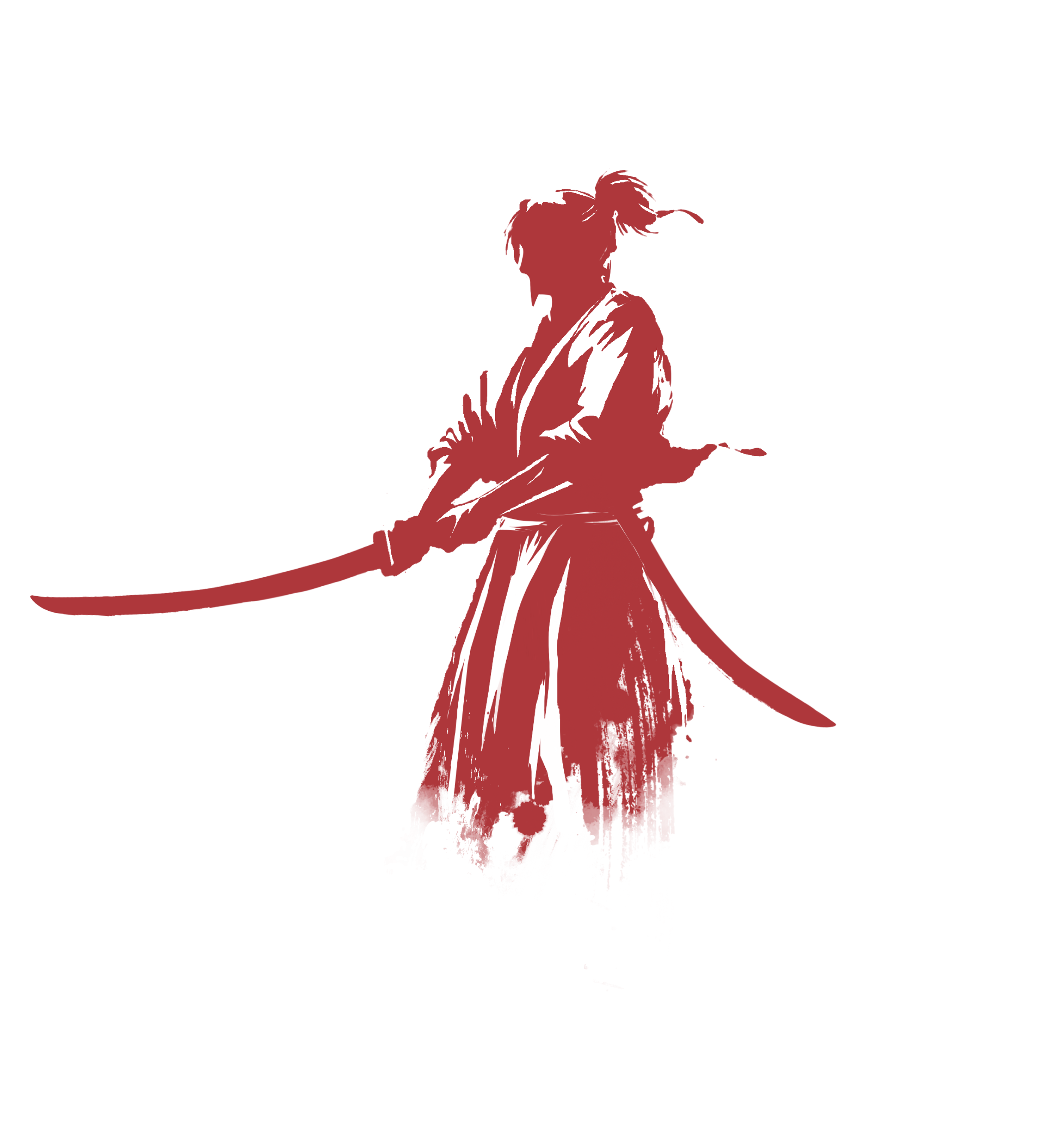 Red silhouette of a warrior holding a sword on a white background