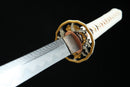A photo of Moonswords Nichirin Katana with a Silver and Gold-gilded guard, is shown against a black background.