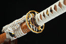 A photo of Moonswords Nichirin Katana with a Silver and Gold-gilded guard, is shown against a black background.