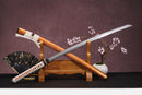 Damascus Katana — Hand-Forged  by Moonswords Nichirin Katana, with a white handle and orange accents, featuring intricate designs and patterns.
