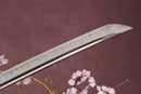 A close-up view of Moonswords Seima Guren Katana with Clay-tempered 1095 high carbon steel blade