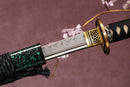 A close-up view of Moonswords Seima Guren Katana with Clay-tempered 1095 high carbon steel blade