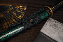 A close-up view of Moonswords Ryokuya Ichirin Katana with green shealth.