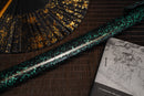 A close-up view of Moonswords Ryokuya Ichirin Katana with green shealth.