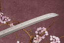 A close-up view of Moonswords Seima Guren Katana with Clay-tempered T10 steel blade