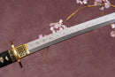 A close-up view of Moonswords Seima Guren Katana with Clay-tempered T10 steel blade