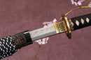 A close-up view of Moonswords Seima Guren Katana with Clay-tempered T10 steel blade