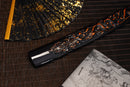 A close-up view of Moonswords Seima Guren Katana with black shealth.