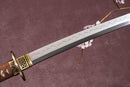 A close-up view of a sword with a brown hilt and a Clay-Tempered blade, set against a textured background.