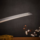 A close-up view of a Clay-Tempered T10 Steel blade against a textured background.