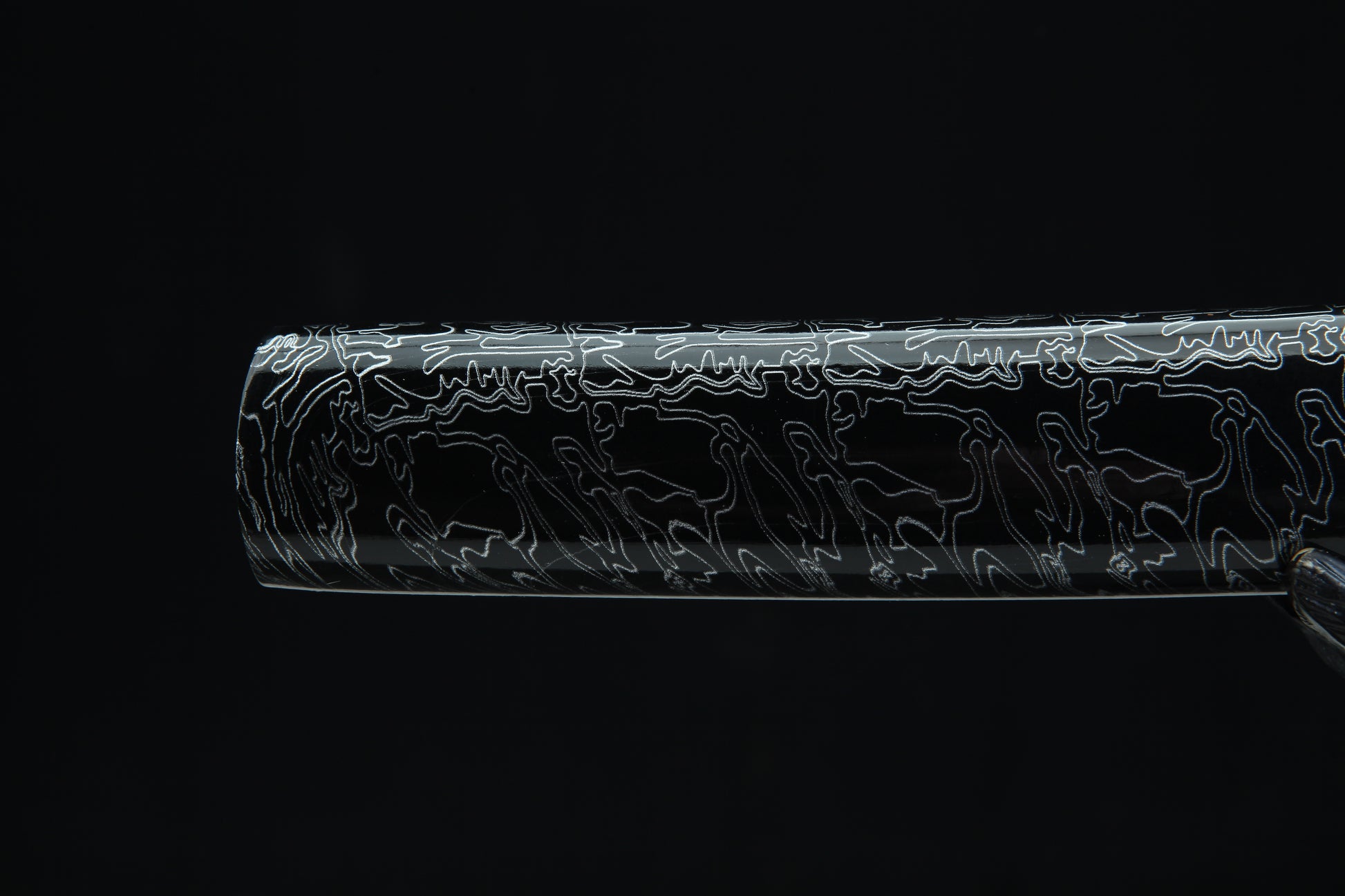 Black lacquered wooden saya with white pattern design of Tengyaku tanto featuring black cord wrapping and traditional finish