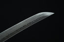 Tengyaku Heaven's Rebellion tanto blade tip showing clay-tempered 1095 carbon steel with traditional Japanese forging