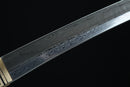 Clay-tempered 1095 carbon steel blade of Tengyaku 天逆 tanto displaying 12.6 inch traditional Japanese short blade construction