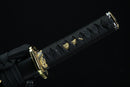 A close-up view of a black and gold sword blade with intricate designs, against a black background.