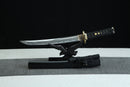 A Japanese-style sword with a black handle and gold accents is displayed on a black stand, accompanied by a black staff.