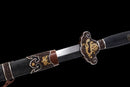 A close up of the Qianqing Sword with gold and silver shealth and guard against a black background