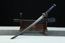 Complete Hayabusa 隼 Peregrine Falcon wakizashi 30.7 inches with black blue-orange marblized scabbard and navy cording