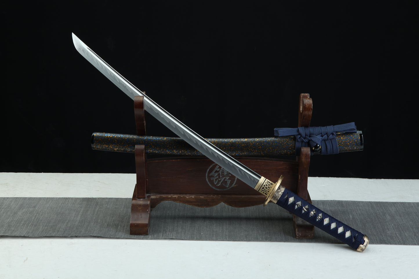 Complete Hayabusa 隼 Peregrine Falcon wakizashi 30.7 inches with black blue-orange marblized scabbard and navy cording