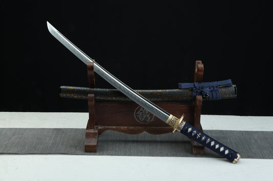 Complete Hayabusa 隼 Peregrine Falcon wakizashi 30.7 inches with black blue-orange marblized scabbard and navy cording