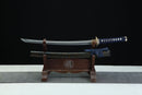 Complete Hayabusa 隼 Peregrine Falcon wakizashi 30.7 inches with black blue-orange marblized scabbard and navy cording