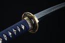 Sword with blue sheath and gold guard on a black background