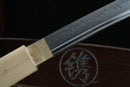 Sword blade with wooden handle and engraved symbol on a dark background
