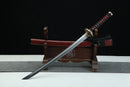 Sword with a wooden sheath on a stand against a black background