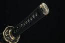 Moonswords wakizashi featuring a clay tempered T10 steel blade, aged bronze tsuba and menuki, real fish skin tsuka, and a solid wood saya in red