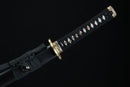 Moonswords wakizashi featuring a clay tempered T10 steel blade, aged bronze tsuba and menuki, real fish skin tsuka, and a solid wood saya in red