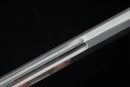 Close up of the Damascus steel blade of Yongle Emperor Sword against a black background