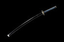 A single, sharp sword with a black handle and blue accents is shown against a black background.