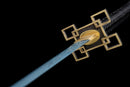 A close-up view of a sword with a gold-colored hilt and a blue blade, set against a black background.