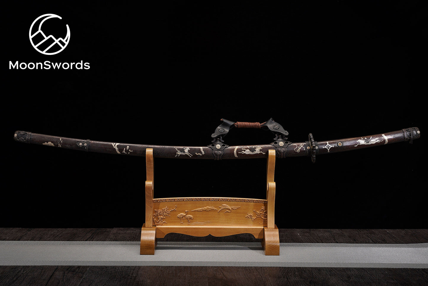 a wooden stand with a large wooden sword on top of it