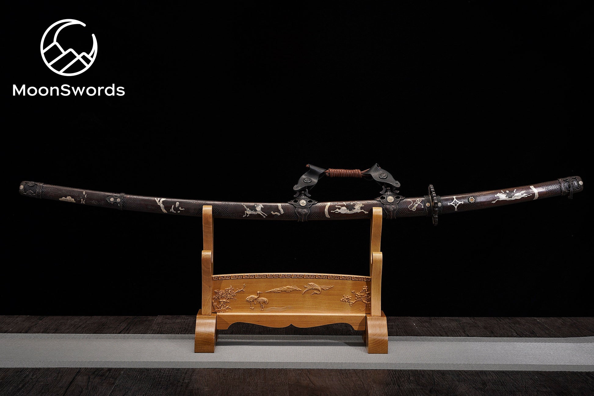 a wooden stand with a large wooden sword on top of it