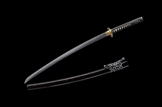 a sword with a gold handle and a black background