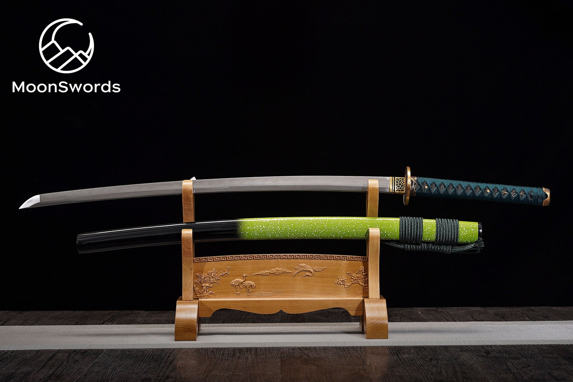a wooden stand holding two different types of swords