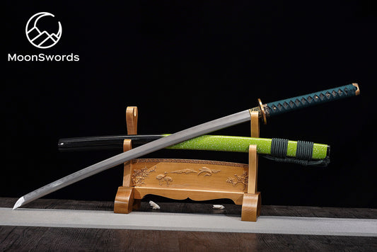 a wooden stand with two swords on top of it